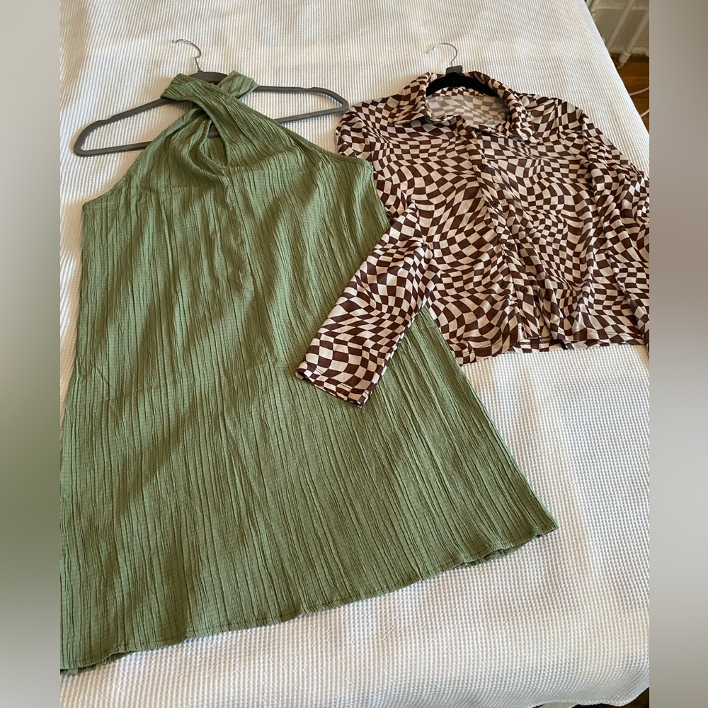3 for 15! BUNDLE Brown Checkered Sheer Shirt and Sage Green Dress. Size M.